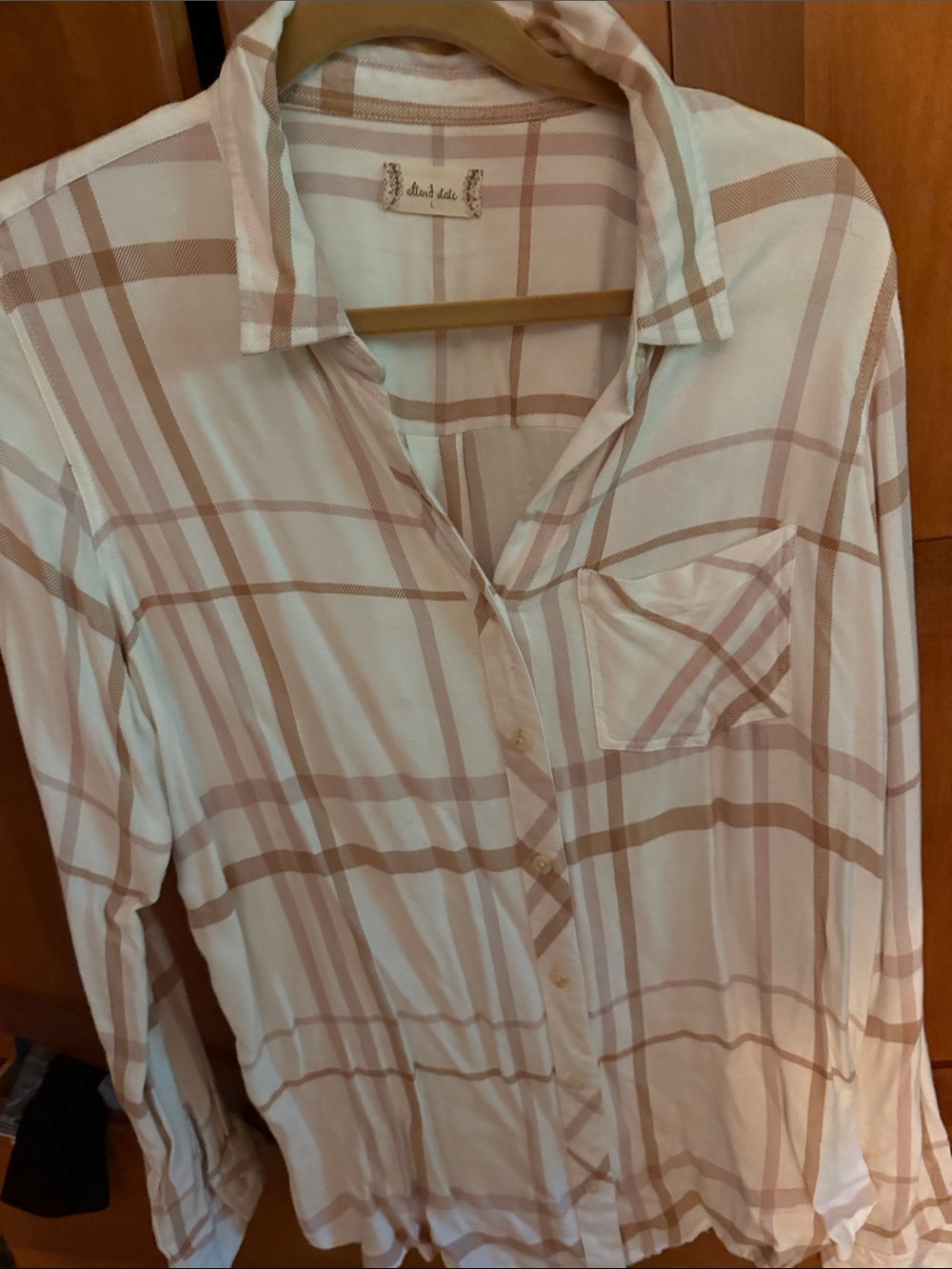 Altar'd State Cream and Light Brown Plaid Button Shirt